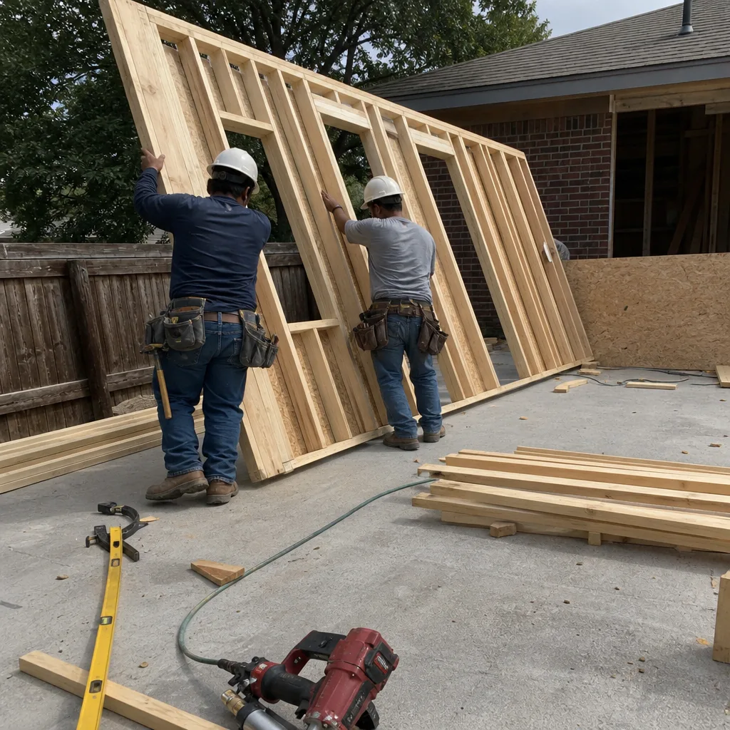 Two professional builders lifting a wooden wall frame for home construction