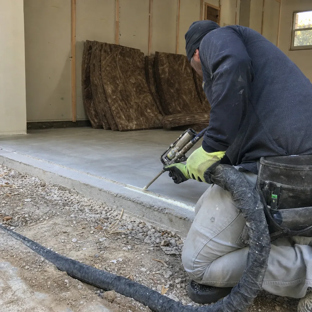 Contractor applying sealant during a professional garage conversion construction project
