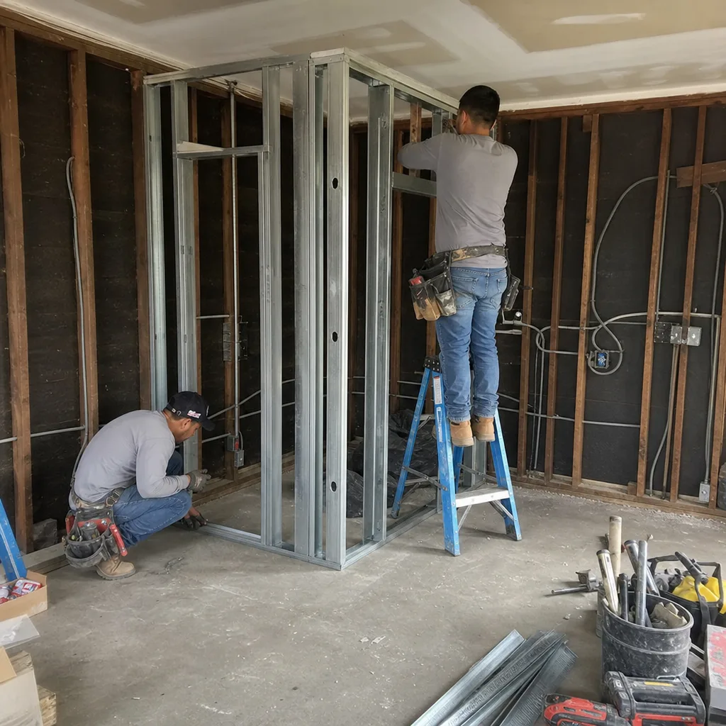 Contractors installing metal framing for a professional garage conversion project