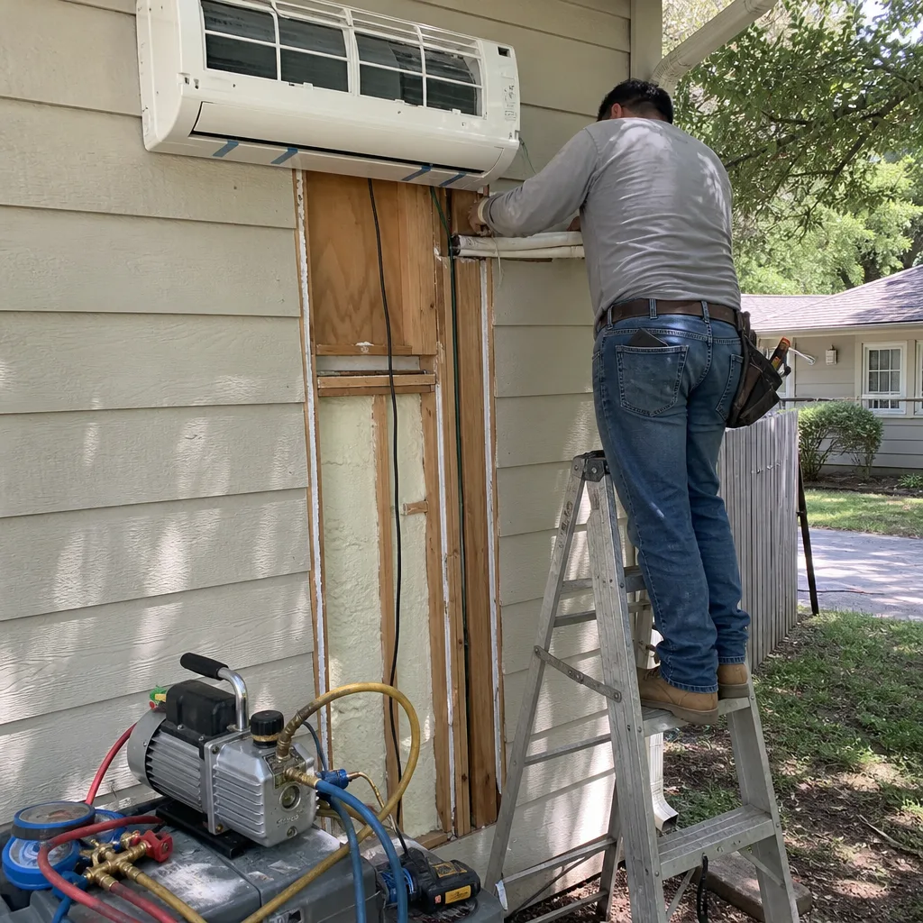 Contractor installing mini-split HVAC unit during a garage conversion project