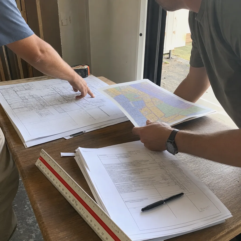Contractors reviewing construction blueprints and site plans for a room addition