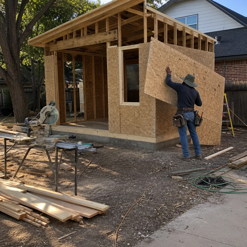Contractor installing plywood wall panel on a new room addition project