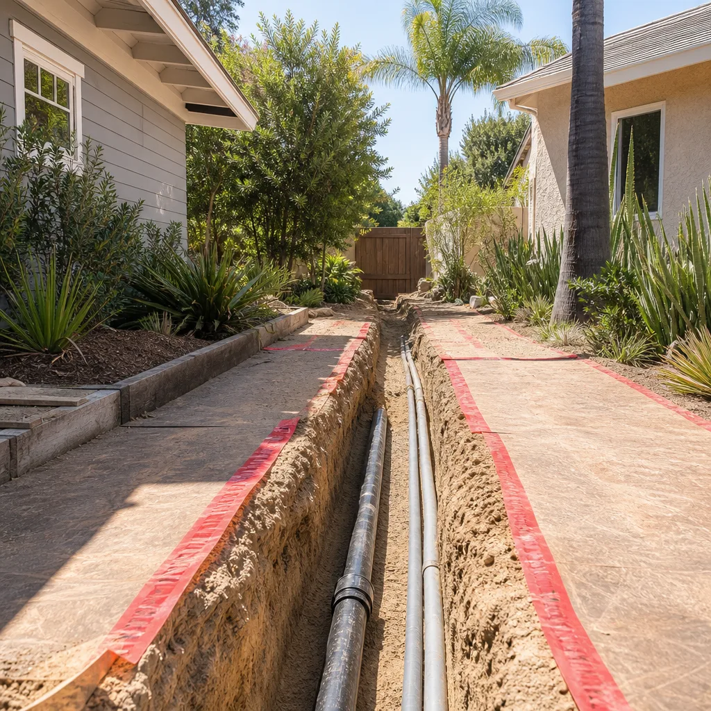 A utility trench with new sewer pipe and conduit